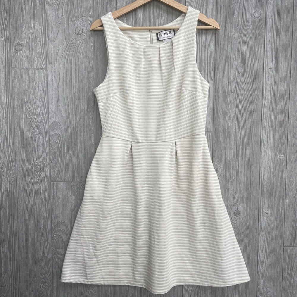 Mary McFadden Dress Women‎ Medium Beige Stripe Sleeveless Old Money Parisian